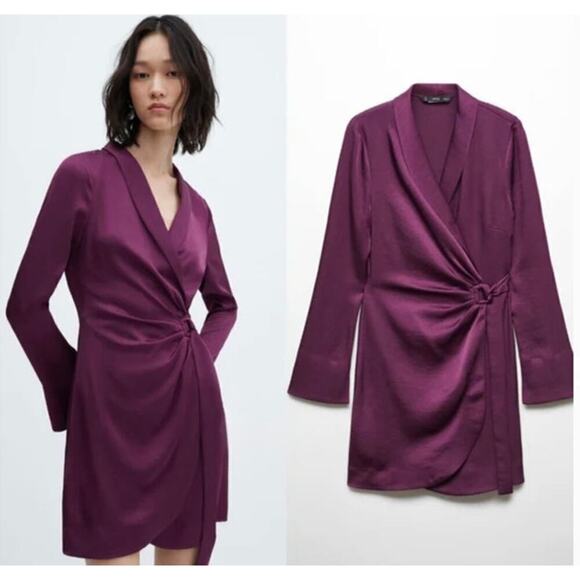 Mango Florence Dress Satin Long Sleeve Buckled Wrap Mini Purple NWT 4 - Picture 1 of 10